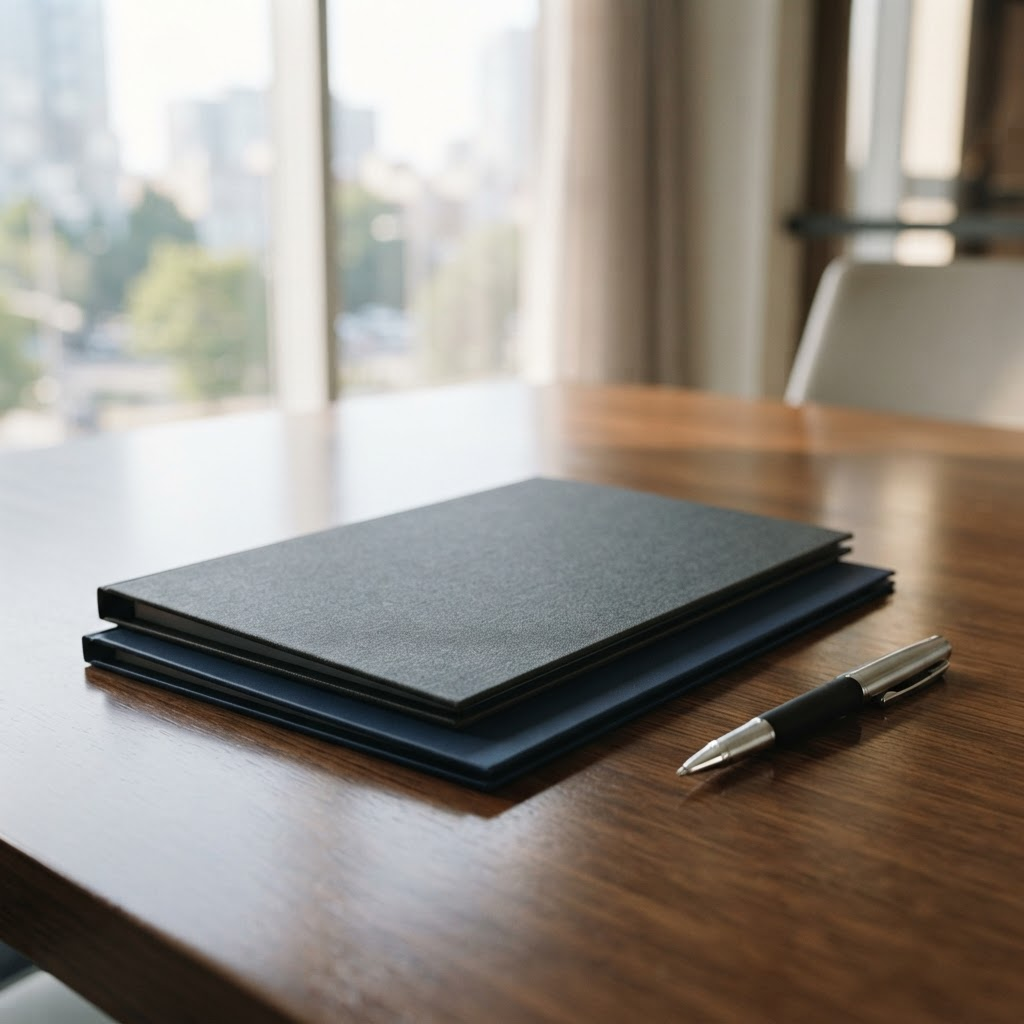 Business folders and documents on a meeting table